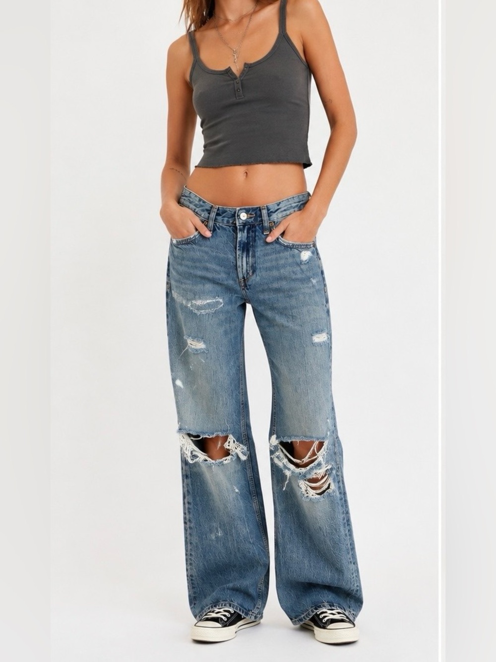 Zara Distressed Wide Leg Jeans Size 4 Blue Ripped Grunge Baggy Denim